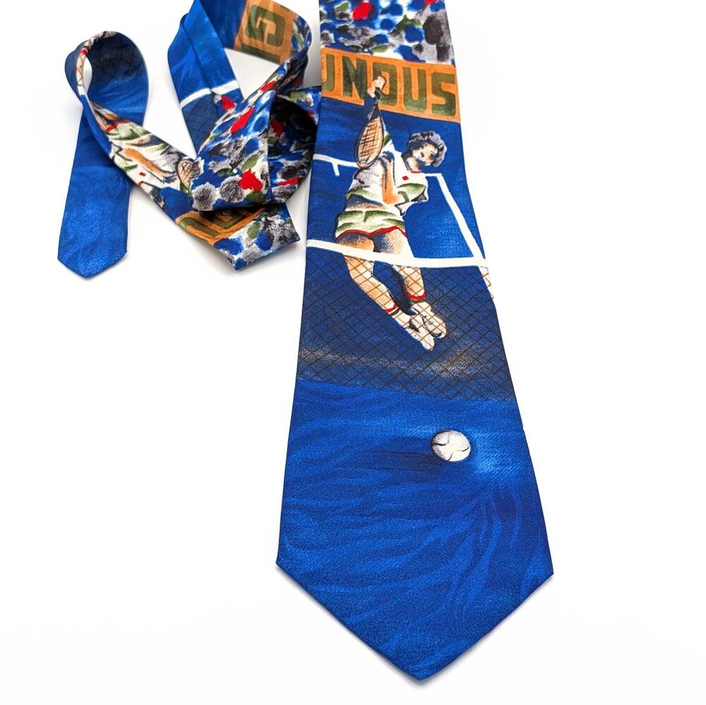 Vintage 90s Venus Tennis Tie Wide Retro Tenniscore Novelty Sports Royal Blue